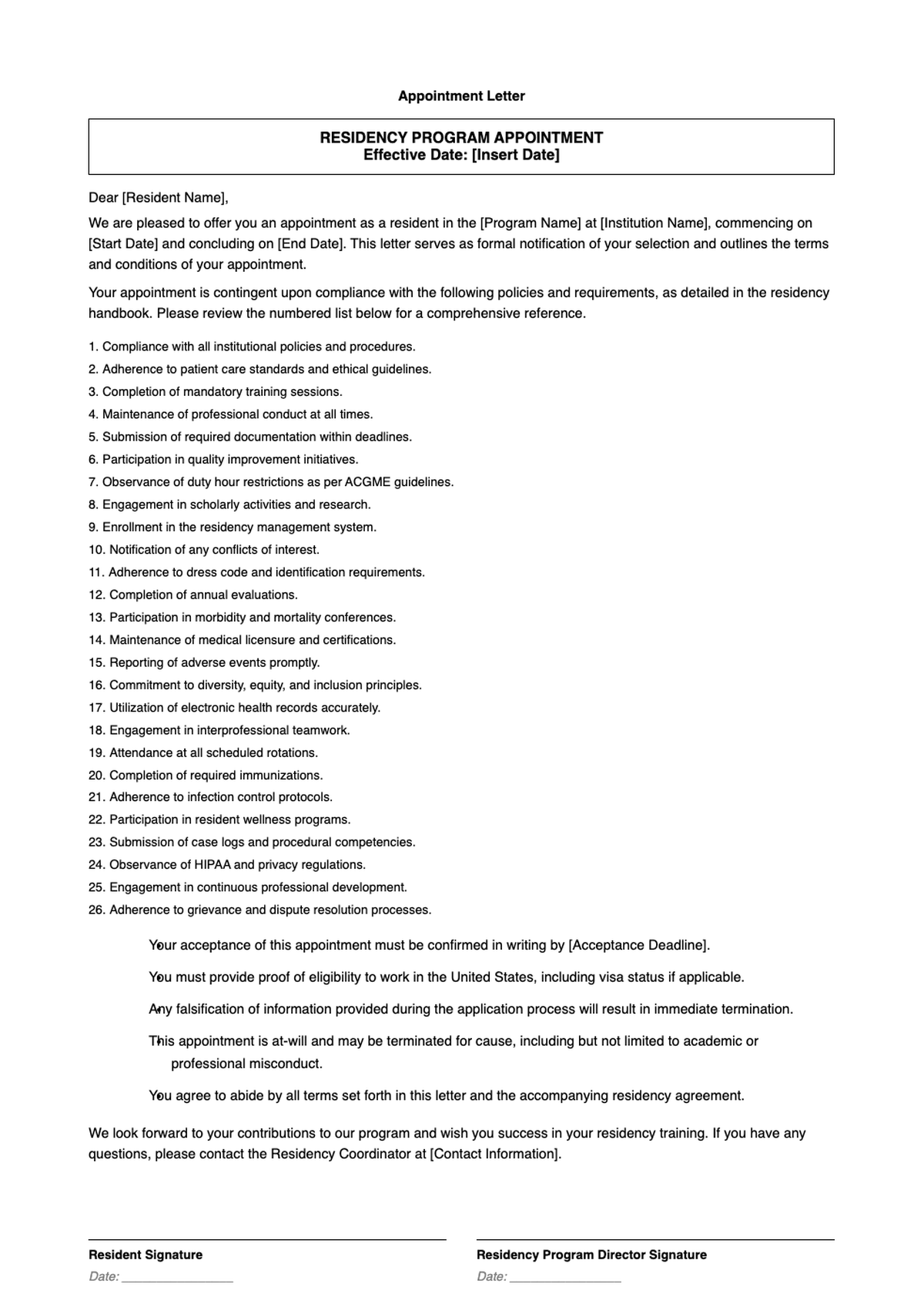 Pharmacy residency appointment letter example with policy list and signature lines_variant_2